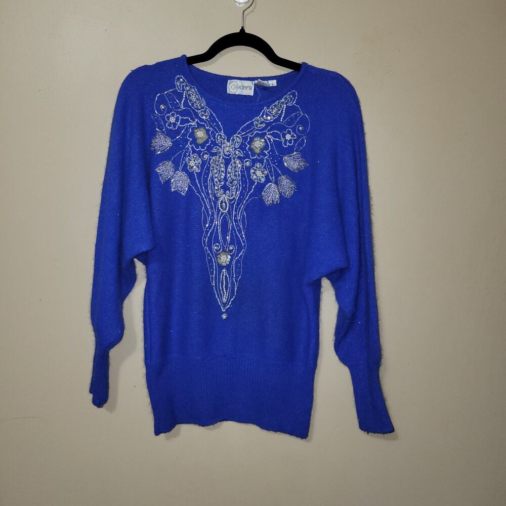 Vtg Cedars Beaded Sweater Women's Small Blue 80s Silk Lambswool Angora Blend‎